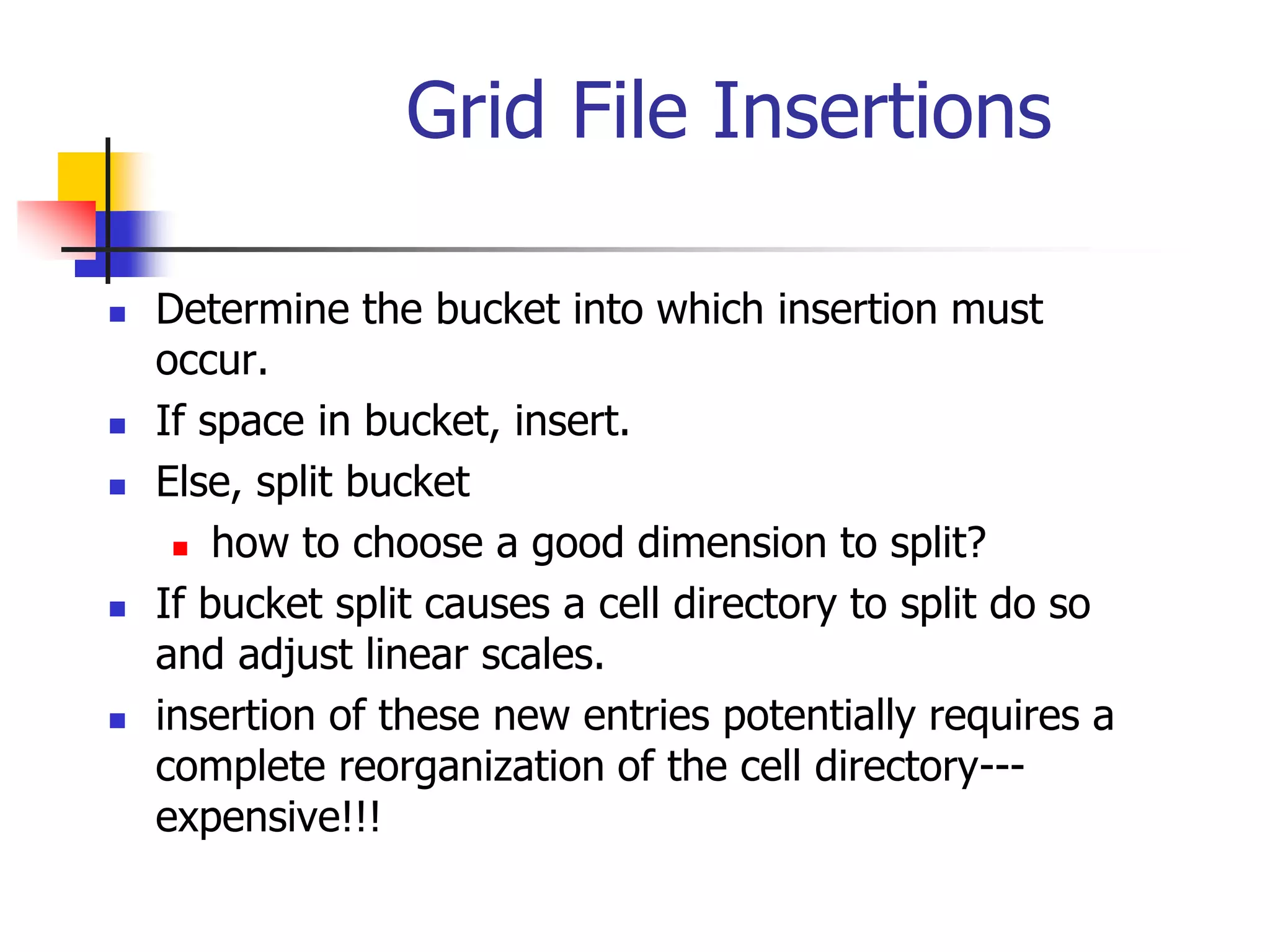 Grid File Insertions
 Determine the bucket into which insertion must
occur.
 If space in bucket, insert.
 Else, split bucket
 how to choose a good dimension to split?
 If bucket split causes a cell directory to split do so
and adjust linear scales.
 insertion of these new entries potentially requires a
complete reorganization of the cell directory---
expensive!!!
 