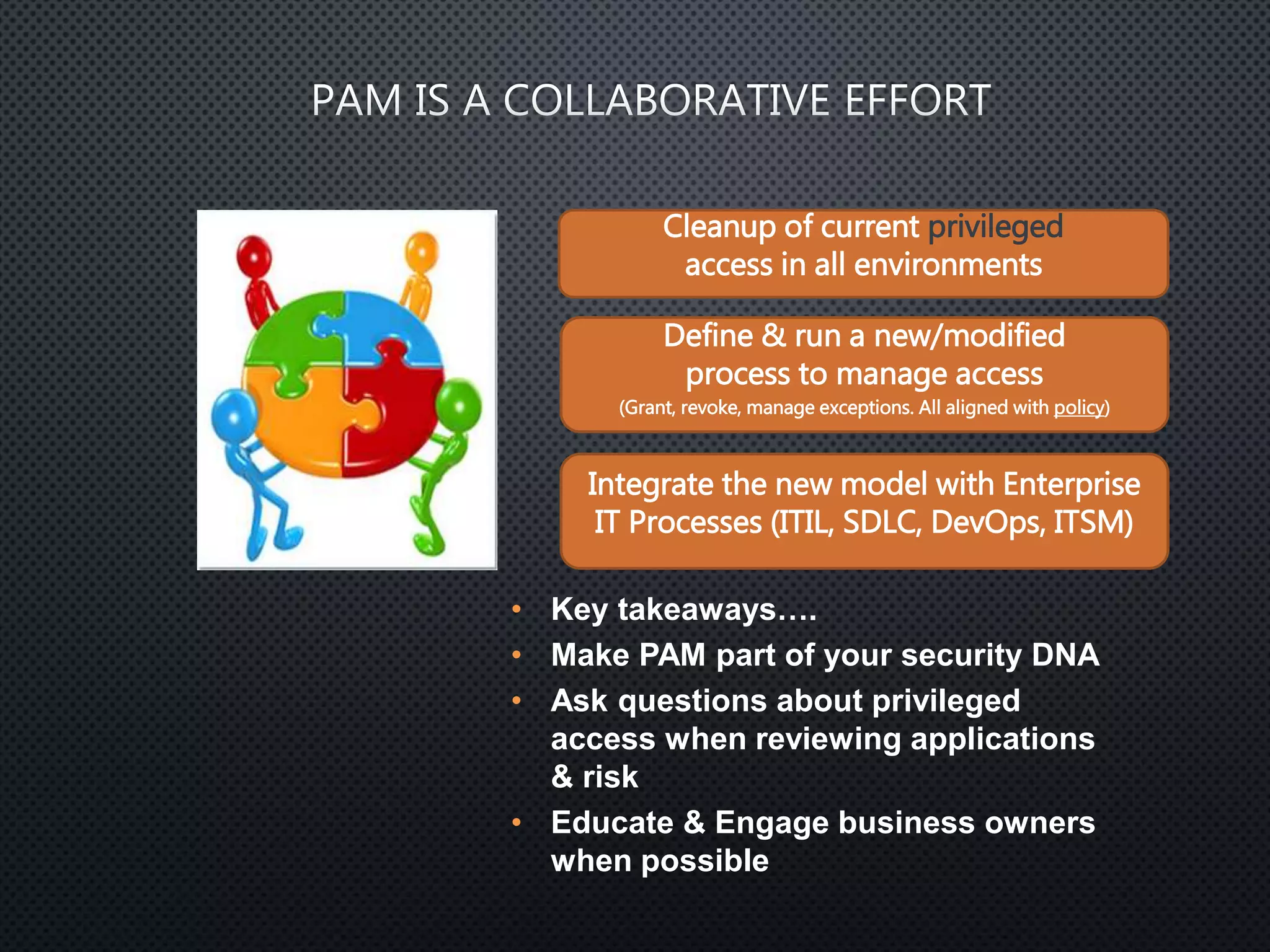 • Key takeaways….
• Make PAM part of your security DNA
• Ask questions about privileged
access when reviewing applications
& risk
• Educate & Engage business owners
when possible
Cleanup of current privileged
access in all environments
Define & run a new/modified
process to manage access
(Grant, revoke, manage exceptions. All aligned with policy)
Integrate the new model with Enterprise
IT Processes (ITIL, SDLC, DevOps, ITSM)
 