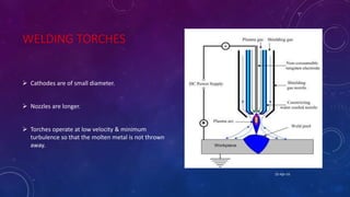 WELDING TORCHES
 Cathodes are of small diameter.
 Nozzles are longer.
 Torches operate at low velocity & minimum
turbulence so that the molten metal is not thrown
away.
25-Apr-16
 