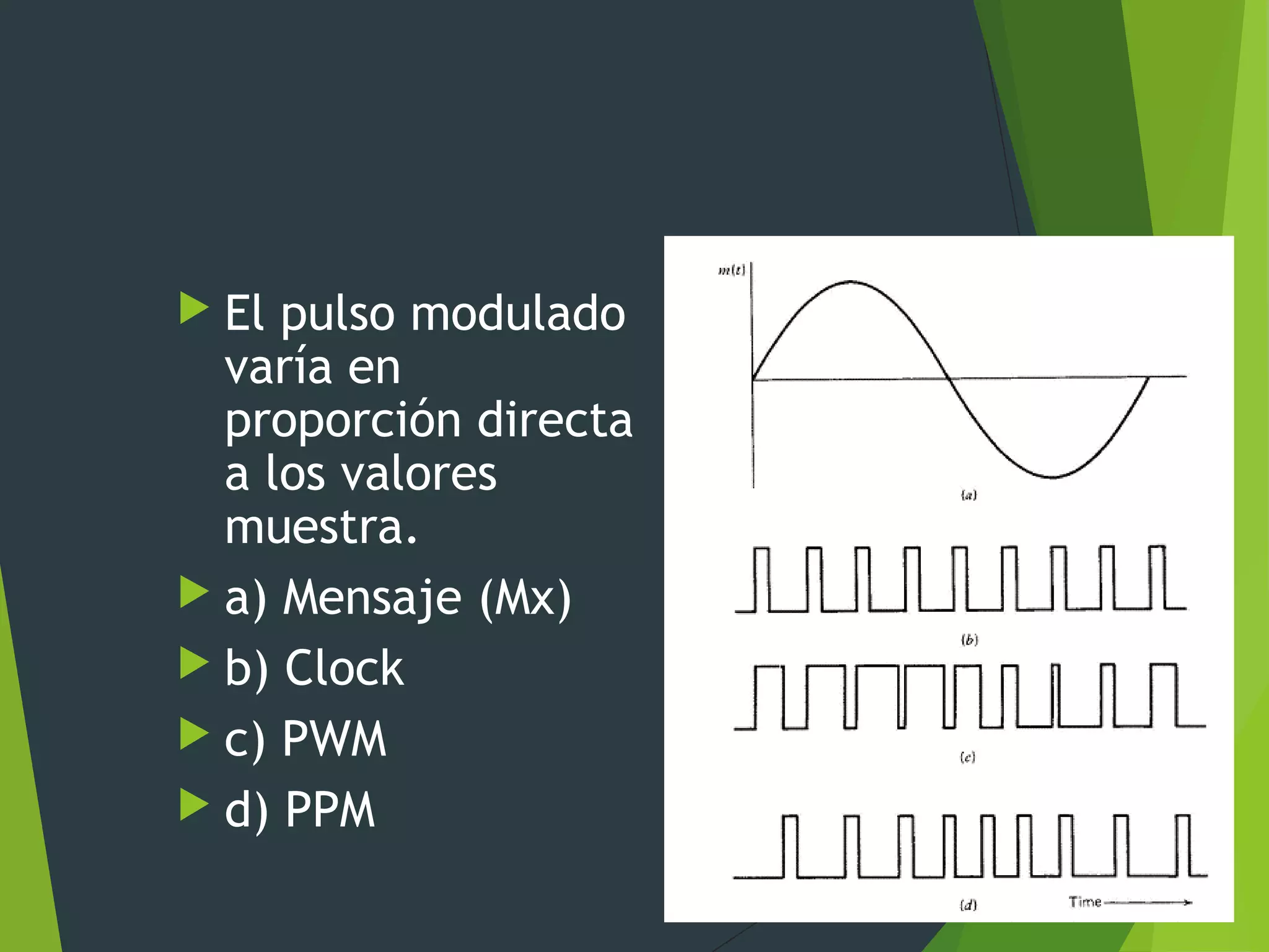  El pulso modulado
varía en
proporción directa
a los valores
muestra.
 a) Mensaje (Mx)
 b) Clock
 c) PWM
 d) PPM
 