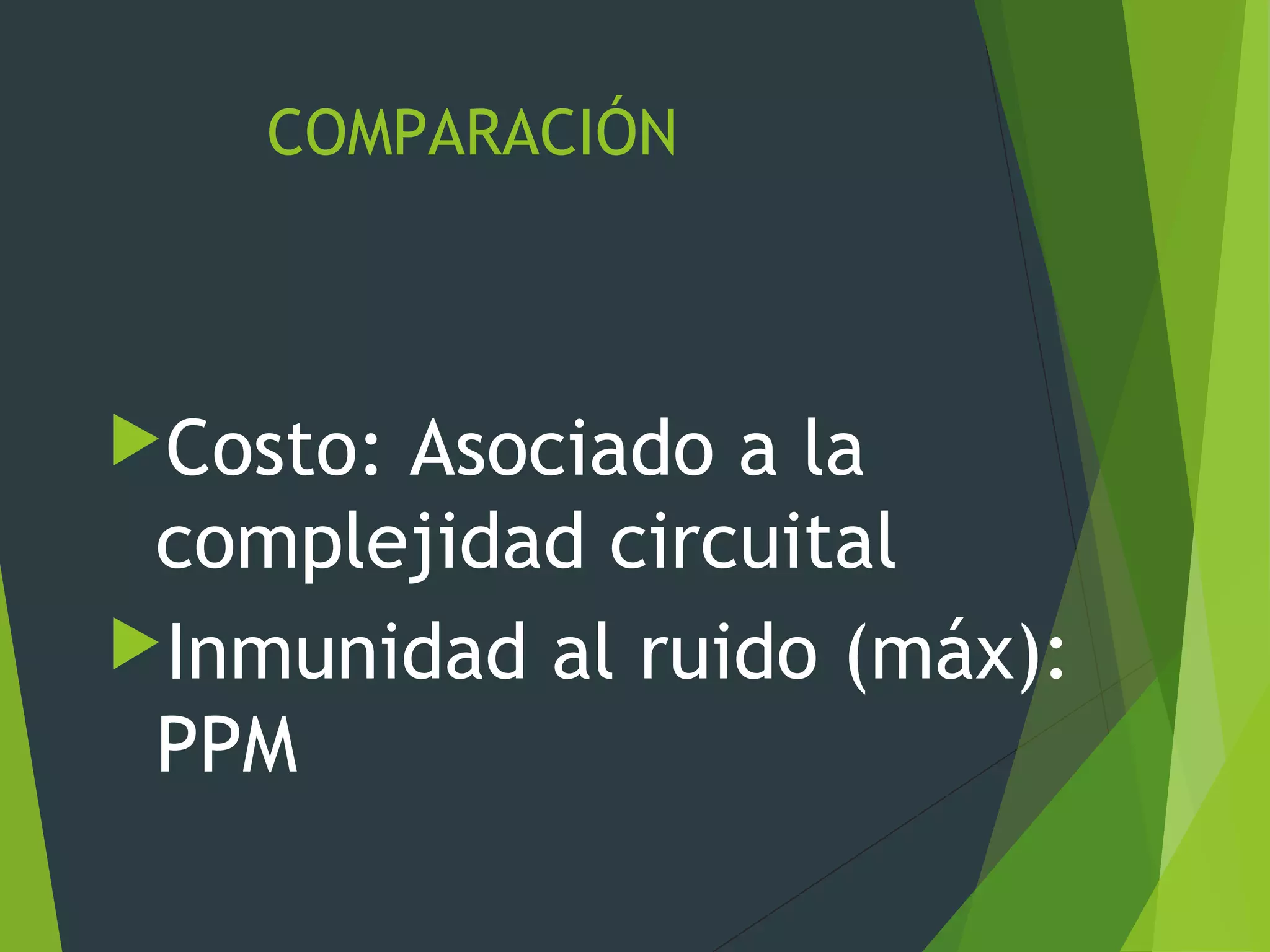 COMPARACIÓN
Costo: Asociado a la
complejidad circuital
Inmunidad al ruido (máx):
PPM
 