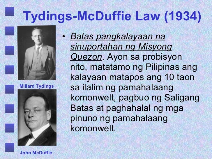 tydings mcduffie Tydings-mcduffie act: tydings-mcduffie act, (1934), the us statute that provided for philippine independence, to take effect on july 4, 1946, after a 10-year transitional period of commonwealth government. tydings mcduffie Tydings-mcduffie act: tydings-mcduffie act, (1934), the us statute that provided for philippine independence, to take effect on july 4, 1946, after a 10-year transitional period of commonwealth government.