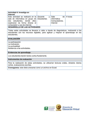 Actividad 4: Investiga en
Internet
Esta actividad se realizará en la
sala de informática en grupo de
dos estudiantes, donde ellos
exploraran de forma directa el
computador y uso de internet.
Docente y
Estudiantes
Sala de
informática
Computadores.
Internet
4 horas
DESARROLLO DE LAS ACTIVIDADES
Todas estas actividades se llevaron a cabo a través de diagnósticos, motivando a los
estudiantes con los recursos digitales, para agilizar y mejorar el aprendizaje en los
estudiantes.
EVALUACIÓN
La participación
La motivación
La puntualidad
Asistencia a las actividades.
Evidencias de aprendizaje:
Los estudiantes leerán textos cortos fluidamente.
Instrumentos de evaluación
Para la realización de estas actividades, se utilizarían lecturas orales, dictados diarios
cortos, evaluaciones escritas.
Cronograma: este debe anexarse como un archivo en Excel.
 