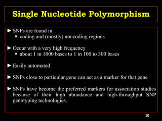 Single Nucleotide Polymorphism
10
►SNPs are found in
 coding and (mostly) noncoding regions
►Occur with a very high frequency
 about 1 in 1000 bases to 1 in 100 to 300 bases
►Easily automated
►SNPs close to particular gene can act as a marker for that gene
►SNPs have become the preferred markers for association studies
because of their high abundance and high-throughput SNP
genotyping technologies.
 