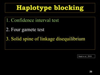 Haplotype blocking
1. Confidence interval test
2. Four gamete test
3. Solid spine of linkage disequilibrium
Saad et al., 2018
26
 