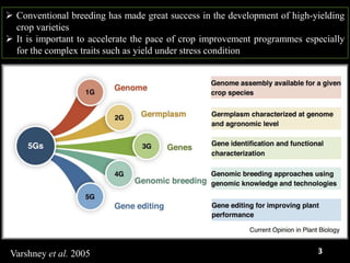  Conventional breeding has made great success in the development of high-yielding
crop varieties
 It is important to accelerate the pace of crop improvement programmes especially
for the complex traits such as yield under stress condition
Varshney et al. 2005 3
 