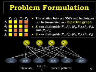 Problem Formulation
(1,2) (1,3) (1,4) (2,3) (2,4) (3,4)
S1 S2 S3 S4
There are pairs of patterns.
𝐾(𝐾 − 1)
2
 The relation between SNPs and haplotypes
can be formulated as a bipartite graph
 S1 can distinguish (P1, P3), (P1, P4), (P2, P3),
and (P2, P4)
 S2 can distinguish (P1, P4), (P2, P4), (P3, P4)
P1 P2 P3 P4
S3
S4
S1
S2
42
 