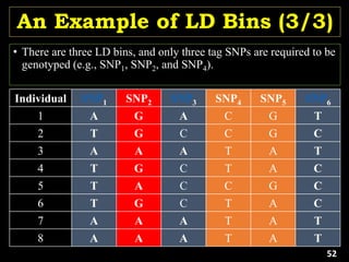 An Example of LD Bins (3/3)
• There are three LD bins, and only three tag SNPs are required to be
genotyped (e.g., SNP1, SNP2, and SNP4).
Individual SNP1 SNP2 SNP3 SNP4 SNP5 SNP6
1 A G A C G T
2 T G C C G C
3 A A A T A T
4 T G C T A C
5 T A C C G C
6 T G C T A C
7 A A A T A T
8 A A A T A T
52
 