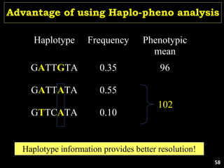(Hypothetical example)
Haplotype Frequency Phenotypic
mean
GATTGTA 0.35 96
GATTATA 0.55 89
GTTCATA 0.10 115
Haplotype information provides better resolution!
102
Advantage of using Haplo-pheno analysis
58
 