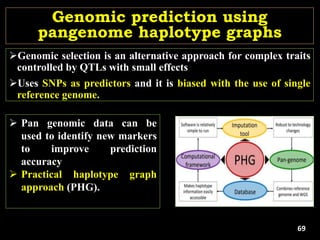 Genomic selection is an alternative approach for complex traits
controlled by QTLs with small effects
Uses SNPs as predictors and it is biased with the use of single
reference genome.
 Pan genomic data can be
used to identify new markers
to improve prediction
accuracy
 Practical haplotype graph
approach (PHG).
Genomic prediction using
pangenome haplotype graphs
69
 