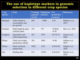 The use of haplotype markers in genomic
selection in different crop species
Crop
Species
Trait Training
populati
on size
Haplotype
markers
GS
prediction
accuracy
References
Bluegum Traits related to
wood quality and
tree growth
646 ~ 3000 0.58 Ballesta et al.,
2019
Soybean Plant height & grain
yield per plant
235 357 >0.80 &
>0.45
Ma et al., 2018
Sorghum Agronomic and
yield-related traits
207 1974 0.57-0.73 Jensen et al.,
2020
Wheat Yield, test weight,
and protein content
383 1400 >0.40 Sallam et al.,
2019
Wheat Grain yield and
related traits
4302 1162 0.39-0.48 Sehgal et al.,
2020
Oat Heading date 635 13954 0.42-0.67 Bekele et al.,
2018
74
 