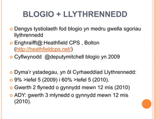 BLOGIO + LLYTHRENNEDD
 Dengys tystiolaeth fod blogio yn medru gwella sgoriau
  llythrennedd
 Enghraifft@:Heathfield CPS , Bolton
  (http://heathfieldcps.net/)
 Cyflwynodd @deputymitchell blogio yn 2009



 Dyma’r ystadegau, yn ôl Cyrhaeddiad Llythrennedd:
 9% >lefel 5 (2009) i 60% >lefel 5 (2010).

 Gwerth 2 flynedd o gynnydd mewn 12 mis (2010)

 ADY: gwerth 3 mlynedd o gynnydd mewn 12 mis
  (2010).
 