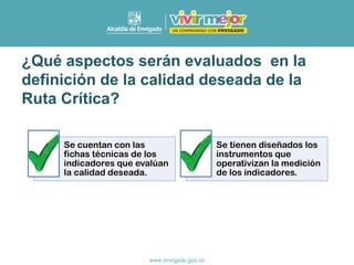 Se cuentan con las
fichas técnicas de los
indicadores que evalúan
la calidad deseada.
Se tienen diseñados los
instrumentos que
operativizan la medición
de los indicadores.
¿Qué aspectos serán evaluados en la
definición de la calidad deseada de la
Ruta Crítica?
 