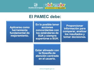 El PAMEC debe:
Aplicarse como
herramienta
fundamental de
mejoramiento.
En lo posible tener
acciones
concordantes con
los estándares de
SUA y siempre
superiores a SUH.
Proporcionar
información para
comparar, analizar
los resultados y
tomar decisiones.
Estar alineado con
la filosofía de
atención centrada
en el usuario.
 