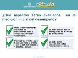 Debe tener claramente
definidos los
mecanismos para la
evaluación inicial del
desempeño.
Se debe contar con un
cronograma de medición
de indicadores.
Se debe tener la línea de
base que mide la brecha
entre la calidad deseada
y el estado actual.
Se debe tener
trazabilidad en los
resultados obtenidos.
¿Qué aspectos serán evaluados en la
medición inicial del desempeño?
 