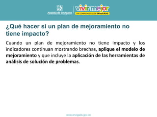 ¿Qué hacer si un plan de mejoramiento no
tiene impacto?
Cuando un plan de mejoramiento no tiene impacto y los
indicadores continuan mostrando brechas, aplique el modelo de
mejoramiento y que incluye la aplicación de las herramientas de
análisis de solución de problemas.
 