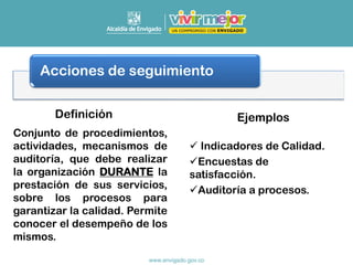 Acciones de seguimiento
Conjunto de procedimientos,
actividades, mecanismos de
auditoría, que debe realizar
la organización DURANTE la
prestación de sus servicios,
sobre los procesos para
garantizar la calidad. Permite
conocer el desempeño de los
mismos.
✓ Indicadores de Calidad.
✓Encuestas de
satisfacción.
✓Auditoría a procesos.
Definición Ejemplos
 
