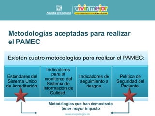 Metodologías aceptadas para realizar
el PAMEC
Existen cuatro metodologías para realizar el PAMEC:
Estándares del
Sistema Único
de Acreditación.
Indicadores
para el
monitoreo del
Sistema de
Información de
Calidad.
Indicadores de
seguimiento a
riesgos.
Política de
Seguridad del
Paciente.
Metodologías que han demostrado
tener mayor impacto
 
