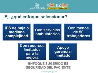 Ej. ¿qué enfoque seleccionar?
IPS de baja o
mediana
complejidad
Con servicios
ambulatorios
Con menos
de 50
trabajadores
Con recursos
limitados
para la
mejora
Apoyo
gerencial
limitado
ENFOQUE SUGERIDO ES
SEGURIDAD DEL PACIENTE
 