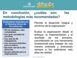 Permite el desarrollo integral y
armónico de la organización.
Evalúa la organización desde el
enfoque, la implementación y el
resultado de los procesos,
convirtiéndolo en una herramienta
fundamental para trabajar de una
manera ordenada y avanzando
siempre a los estándares más
altos de calidad.
En conclusión, ¿cuáles son las
metodologías más recomendadas?
Estándares incluidos en
el Sistema Único de
Acreditación
• IPS de mediana o alta
complejidad.
• Con gran variedad de
servicios.
• Con más de 50
trabajadores.
• Con recursos definidos
para la mejora.
• Decisión real de la alta
dirección.
• Equipo definido para el
mejoramiento.
 