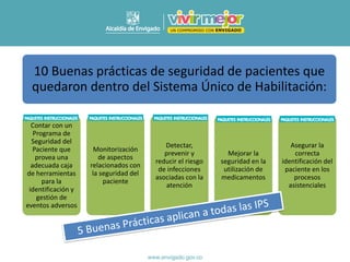 10 Buenas prácticas de seguridad de pacientes que
quedaron dentro del Sistema Único de Habilitación:
Contar con un
Programa de
Seguridad del
Paciente que
provea una
adecuada caja
de herramientas
para la
identificación y
gestión de
eventos adversos
Monitorización
de aspectos
relacionados con
la seguridad del
paciente
Detectar,
prevenir y
reducir el riesgo
de infecciones
asociadas con la
atención
Mejorar la
seguridad en la
utilización de
medicamentos
Asegurar la
correcta
identificación del
paciente en los
procesos
asistenciales
 