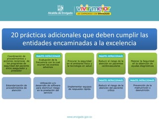 20 prácticas adicionales que deben cumplir las
entidades encaminadas a la excelencia
Coordinación de
procedimientos y
acciones recíprocas de
los programas de
seguridad del paciente
entre asegurador y
prestador
Estandarización de
procedimientos de
atención
Evaluación de la
frecuencia con la cual
ocurren los eventos
adversos
Utilización y/o
desarrollo de software
para disminuir riesgo
en la prestación del
servicio
Procurar la seguridad
en el ambiente físico y
la tecnología en salud
Implementar equipos
de respuesta rápida
Reducir el riesgo de la
atención en pacientes
cardiovasculares
Reducir el riesgo de la
atención del paciente
crítico
Mejorar la Seguridad
en la obtención de
ayudas diagnósticas
Prevención de la
malnutrición o
desnutrición
 