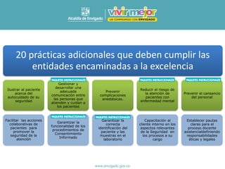 20 prácticas adicionales que deben cumplir las
entidades encaminadas a la excelencia
Ilustrar al paciente
acerca del
autocuidado de su
seguridad
Facilitar las acciones
colaborativas de
pacientes para
promover la
seguridad de la
atención
Gestionar y
desarrollar una
adecuada
comunicación entre
las personas que
atienden y cuidan a
los pacientes
Garantizar la
funcionalidad de los
procedimientos de
Consentimiento
Informado
Prevenir
complicaciones
anestésicas.
Garantizar la
correcta
identificación del
paciente y las
muestras en el
laboratorio
Reducir el riesgo de
la atención de
pacientes con
enfermedad mental
Capacitación al
cliente interno en los
aspectos relevantes
de la Seguridad en
los procesos a su
cargo
Prevenir el cansancio
del personal
Establecer pautas
claras para el
proceso docente
asistencialdefiniendo
responsabilidades
éticas y legales
 