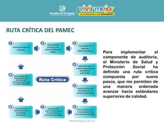 Para implementar el
componente de auditoría,
el Ministerio de Salud y
Protección Social ha
definido una ruta crítica
compuesta por nueve
pasos, que me permiten de
una manera ordenada
avanzar hacia estándares
superiores de calidad.
RUTA CRÍTICA DEL PAMEC
 