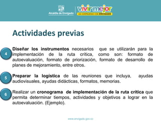 Diseñar los instrumentos necesarios que se utilizarán para la
implementación de la ruta crítica, como son: formato de
autoevaluación, formato de priorización, formato de desarrollo de
planes de mejoramiento, entre otros.
Preparar la logística de las reuniones que incluya, ayudas
audiovisuales, ayudas didácticas, formatos, memorias.
Realizar un cronograma de implementación de la ruta critica que
permita determinar tiempos, actividades y objetivos a lograr en la
autoevaluación. (Ejemplo).
Actividades previas
4
5
6
 