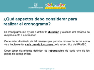 El cronograma me ayuda a definir la duración y alcance del proceso de
mejoramiento a emprender.
Debe estar diseñado de tal manera que permita mostrar la forma como
va a implementar cada uno de los pasos de la ruta crítica del PAMEC.
Debe tener claramente definido los reponsables de cada uno de los
pasos de la ruta crítica.
¿Qué aspectos debo considerar para
realizar el cronograma?
 