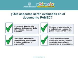 Cómo se va a desarrollar
cada uno de los pasos de la
ruta crítica de manera
especifica
Cómo se va a desarrollar la
la metodología en caso de
que se tengan varias sedes
Cómo se va a realizar el
seguimiento y evaluación a
la mejora y quién es el
responsable
Cuáles son las acciones
preventivas, de seguimiento
y coyunturales que va a
implementar la organización
¿Qué aspectos serán evaluados en el
documento PAMEC?
 