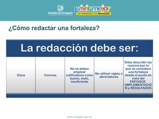 ¿Cómo redactar una fortaleza?
La redacción debe ser:
Clara Concisa
No se deben
emplear
calificativos como
bueno, malo,
insuficiente
No utilizar siglas o
abreviaturas
Debe describir las
razones por lo
que se considera
una fortaleza
desde el punto de
vista del
ENFOQUE,
IIMPLEMENTACIÓ
N y RESULTADOS
 