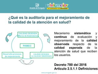 ¿Qué es la auditoría para el mejoramiento de
la calidad de la atención en salud?
Mecanismo sistemático y
continuo de evaluación y
mejoramiento de la calidad
observada respecto de la
calidad esperada de la
atención de salud que reciben
los usuarios.
Decreto 780 del 2016
Articulo 2.5.1.1 Definiciones
CALIDAD DESEADA
(Marco de Estándares)
CALIDAD DESEADA
Vs CALIDAD OBSERVADA
Desarrollo procesos
de mejoramiento
PAMEC
 