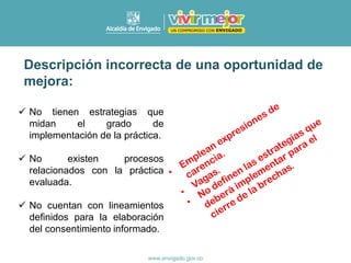 ✓ No tienen estrategias que
midan el grado de
implementación de la práctica.
✓ No existen procesos
relacionados con la práctica
evaluada.
✓ No cuentan con lineamientos
definidos para la elaboración
del consentimiento informado.
Descripción incorrecta de una oportunidad de
mejora:
 