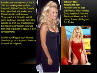 Canadian-American 
actress, star of the most 
watched TV show in 
history, "Baywatch," a 
sand-sex-surf-saga 
marketed to ...