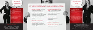 My tools for                                                                                                        You can count
                         your success ...                                                                                                       on me!

                                                  MY STEPS FOR GROWING YOUR BUSINESS’ SUCCESS
                   • Marketing Model Strategy      1. Start with a strategy - no cookie     3. Create a marketing identity that       • I am with you every step
                     Sessions                         cutter game plans here! By               works! It’s not just about marketing     of the way.
                   • Creative Problem Solving         gaining a real understanding             - rather, it’s about creating a        • I always keep your best interest
                     Sessions                                                                                                           as my top priority.
                                                      of your business needs, goals,           marketing identity that people
                   • Radio Commercials                                                                                                • I remain open-minded – no
                                                      challenges and vision, I will develop    recognize and respect.
                   • Streaming Commercials                                                                                              matter what!
                                                      a marketing proposal that works
                   • Email Database Marketing                                                                                         • I provide you with a plan that fits
                                                      exclusively for you and your          4. Develop your brand and
                   • Internet Marketing                                                                                                 your company’s needs – only then
                   • Event Marketing
                                                      business!                                corporate identity in the                can we achieve great results!
                   • Unique Promotional Ideas                                                  marketplace.                           • Everything we speak about is
                   • Endorsement Campaigns         2. Identify the current trends in                                                    confidential.
                   • Campaign Planning Sessions       your industry and the best            5. Establish a market position.           • I always deliver on my promises.
                                                      customer targets. Uncover your
       WHAT SETS ME APART                             biggest competitors and how your 6. Stay with you as you grow. Adapt                              WHAT I NEED FROM YOU
                                                      company differs.                         as your needs change.                             • Be completely honest with your answers.
Honest • Dependable • Straight-Forward                                                                                                             • Share your problems and concerns.
 Dedicated • Hard-Working • Creative                                                                                                           • Allow me to get involved with your business.
  Resourceful • Effective Problem Solver                                                                                                    • Provide me with constant feedback – good or bad!
 