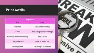 Print Media
Magazines
Pros Cons
Flexible Lack of Immediacy
Color Poor Geographic Coverage
Authority and Believability Very Costly
Long Shelf Life Slow to Insert Ads
Selling Power Declining Circulations
 