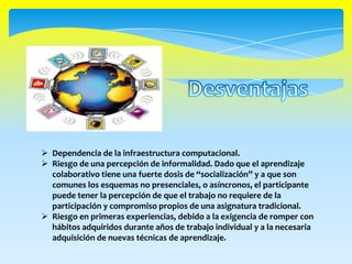  Dependencia de la infraestructura computacional.
 Riesgo de una percepción de informalidad. Dado que el aprendizaje
  colaborativo tiene una fuerte dosis de “socialización” y a que son
  comunes los esquemas no presenciales, o asíncronos, el participante
  puede tener la percepción de que el trabajo no requiere de la
  participación y compromiso propios de una asignatura tradicional.
 Riesgo en primeras experiencias, debido a la exigencia de romper con
  hábitos adquiridos durante años de trabajo individual y a la necesaria
  adquisición de nuevas técnicas de aprendizaje.
 
