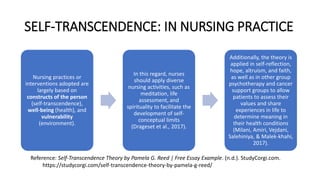 SELF-TRANSCENDENCE: IN NURSING PRACTICE
Reference: Self-Transcendence Theory by Pamela G. Reed | Free Essay Example. (n.d....