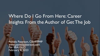 Where Do I Go From Here: Career
Insights From the Author of Get The Job
Pamela Paterson, CBAP, PMP
www.pamelapaterson.com
For IIBA GLO
February 8, 2023
 