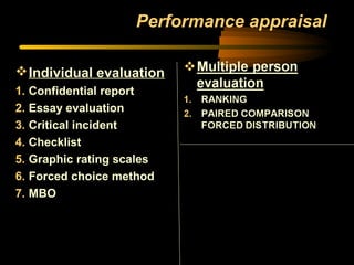 Performance appraisal
Individual evaluation
1. Confidential report
2. Essay evaluation
3. Critical incident
4. Checklist
5. Graphic rating scales
6. Forced choice method
7. MBO
 