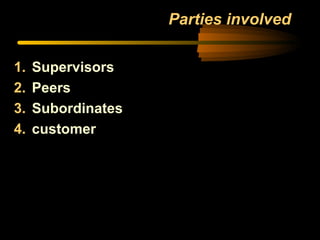 Parties involved
1. Supervisors
2. Peers
3. Subordinates
4. customer
 