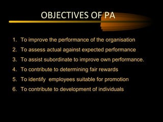 OBJECTIVES OF PA
1.
1. To improve the performance of the
To improve the performance of the organisation
organisation
2.
2. To assess actual against expected performance
To assess actual against expected performance
3.
3. To assist subordinate to improve own performance.
To assist subordinate to improve own performance.
4.
4. To contribute to determining fair rewards
To contribute to determining fair rewards
5.
5. To identify employees suitable for promotion
To identify employees suitable for promotion
6.
6. To contribute to development of individuals
To contribute to development of individuals
 