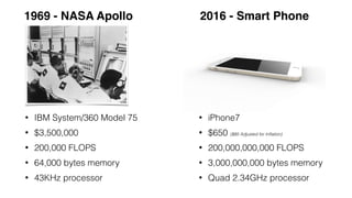 1969 - NASA Apollo
• IBM System/360 Model 75
• $3,500,000
• 200,000 FLOPS
• 64,000 bytes memory
• 43KHz processor
2016 - S...