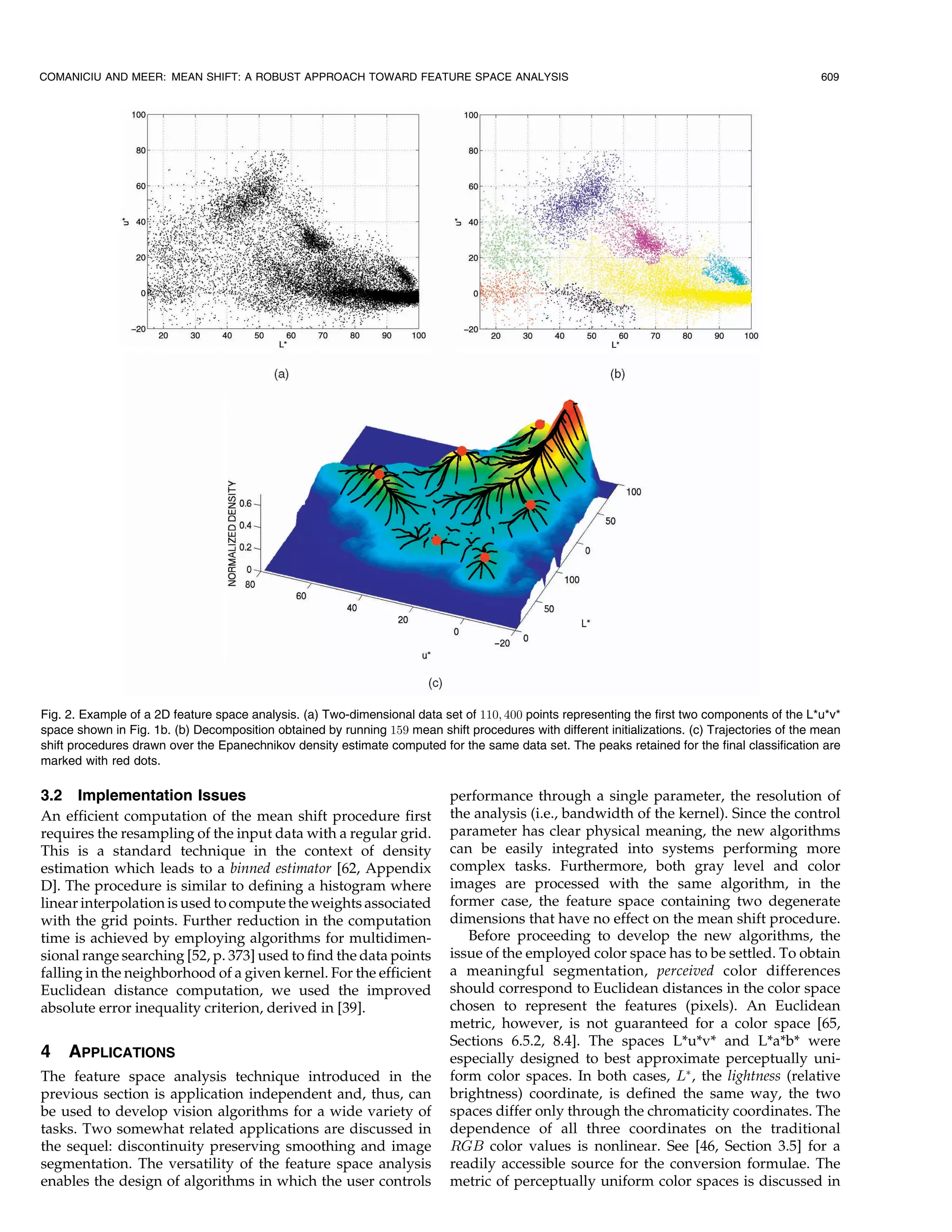 COMANICIU AND MEER: MEAN SHIFT: A ROBUST APPROACH TOWARD FEATURE SPACE ANALYSIS                                                                 609




Fig. 2. Example of a 2D feature space analysis. (a) Two-dimensional data set of 110; 400 points representing the first two components of the L*u*v*
space shown in Fig. 1b. (b) Decomposition obtained by running 159 mean shift procedures with different initializations. (c) Trajectories of the mean
shift procedures drawn over the Epanechnikov density estimate computed for the same data set. The peaks retained for the final classification are
marked with red dots.

3.2 Implementation Issues                                                  performance through a single parameter, the resolution of
An efficient computation of the mean shift procedure first                 the analysis (i.e., bandwidth of the kernel). Since the control
requires the resampling of the input data with a regular grid.             parameter has clear physical meaning, the new algorithms
This is a standard technique in the context of density                     can be easily integrated into systems performing more
estimation which leads to a binned estimator [62, Appendix                 complex tasks. Furthermore, both gray level and color
D]. The procedure is similar to defining a histogram where                 images are processed with the same algorithm, in the
linear interpolation is used to compute the weights associated             former case, the feature space containing two degenerate
with the grid points. Further reduction in the computation                 dimensions that have no effect on the mean shift procedure.
time is achieved by employing algorithms for multidimen-                      Before proceeding to develop the new algorithms, the
sional range searching [52, p. 373] used to find the data points           issue of the employed color space has to be settled. To obtain
falling in the neighborhood of a given kernel. For the efficient           a meaningful segmentation, perceived color differences
Euclidean distance computation, we used the improved                       should correspond to Euclidean distances in the color space
absolute error inequality criterion, derived in [39].                      chosen to represent the features (pixels). An Euclidean
                                                                           metric, however, is not guaranteed for a color space [65,
                                                                           Sections 6.5.2, 8.4]. The spaces L*u*v* and L*a*b* were
4    APPLICATIONS                                                          especially designed to best approximate perceptually uni-
The feature space analysis technique introduced in the                     form color spaces. In both cases, LÃ , the lightness (relative
previous section is application independent and, thus, can                 brightness) coordinate, is defined the same way, the two
be used to develop vision algorithms for a wide variety of                 spaces differ only through the chromaticity coordinates. The
tasks. Two somewhat related applications are discussed in                  dependence of all three coordinates on the traditional
the sequel: discontinuity preserving smoothing and image                   RGB color values is nonlinear. See [46, Section 3.5] for a
segmentation. The versatility of the feature space analysis                readily accessible source for the conversion formulae. The
enables the design of algorithms in which the user controls                metric of perceptually uniform color spaces is discussed in
 