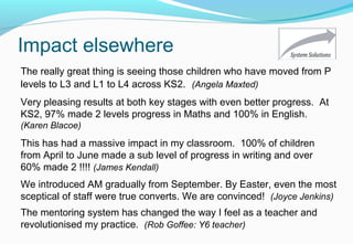 Impact elsewhere
This has had a massive impact in my classroom. 100% of children
from April to June made a sub level of progress in writing and over
60% made 2 !!!! (James Kendall)
The mentoring system has changed the way I feel as a teacher and
revolutionised my practice. (Rob Goffee: Y6 teacher)
Very pleasing results at both key stages with even better progress. At
KS2, 97% made 2 levels progress in Maths and 100% in English.
(Karen Blacoe)
We introduced AM gradually from September. By Easter, even the most
sceptical of staff were true converts. We are convinced! (Joyce Jenkins)
The really great thing is seeing those children who have moved from P
levels to L3 and L1 to L4 across KS2. (Angela Maxted)
 