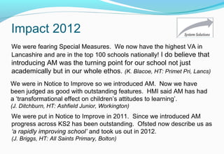 Impact 2012
We were put in Notice to Improve in 2011. Since we introduced AM
progress across KS2 has been outstanding. Ofsted now describe us as
‘a rapidly improving school’ and took us out in 2012.
(J. Briggs, HT: All Saints Primary, Bolton)
We were fearing Special Measures. We now have the highest VA in
Lancashire and are in the top 100 schools nationally! I do believe that
introducing AM was the turning point for our school not just
academically but in our whole ethos. (K. Blacoe, HT: Primet Pri, Lancs)
We were in Notice to Improve so we introduced AM. Now we have
been judged as good with outstanding features. HMI said AM has had
a ‘transformational effect on children’s attitudes to learning’.
(J. Ditchburn, HT: Ashfield Junior, Workington)
 