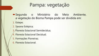 Pampa: vegetação
Segundo o Ministério do Meio Ambiente,
a vegetação do Bioma Pampa pode ser dividida em:
1. Estepe;
2. Savana Estépica;
3. Floresta Estacional Semidecídua;
4. Floresta Estacional Decidual;
5. Formações Pioneiras;
6. Floresta Estacional.
 