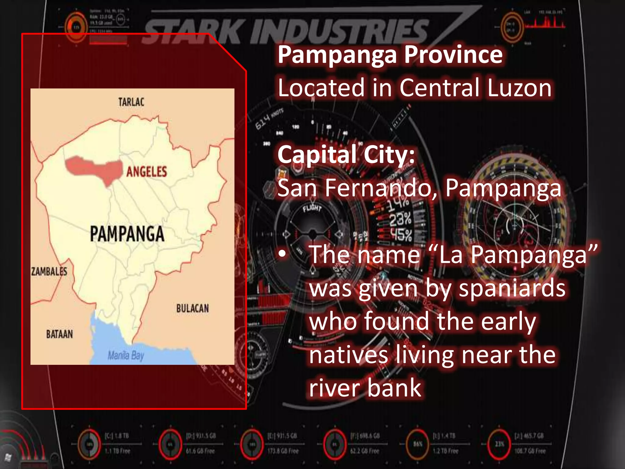 Pampanga Province
Located in Central Luzon
Capital City:
San Fernando, Pampanga
• The name “La Pampanga”
was given by spaniards
who found the early
natives living near the
river bank
 