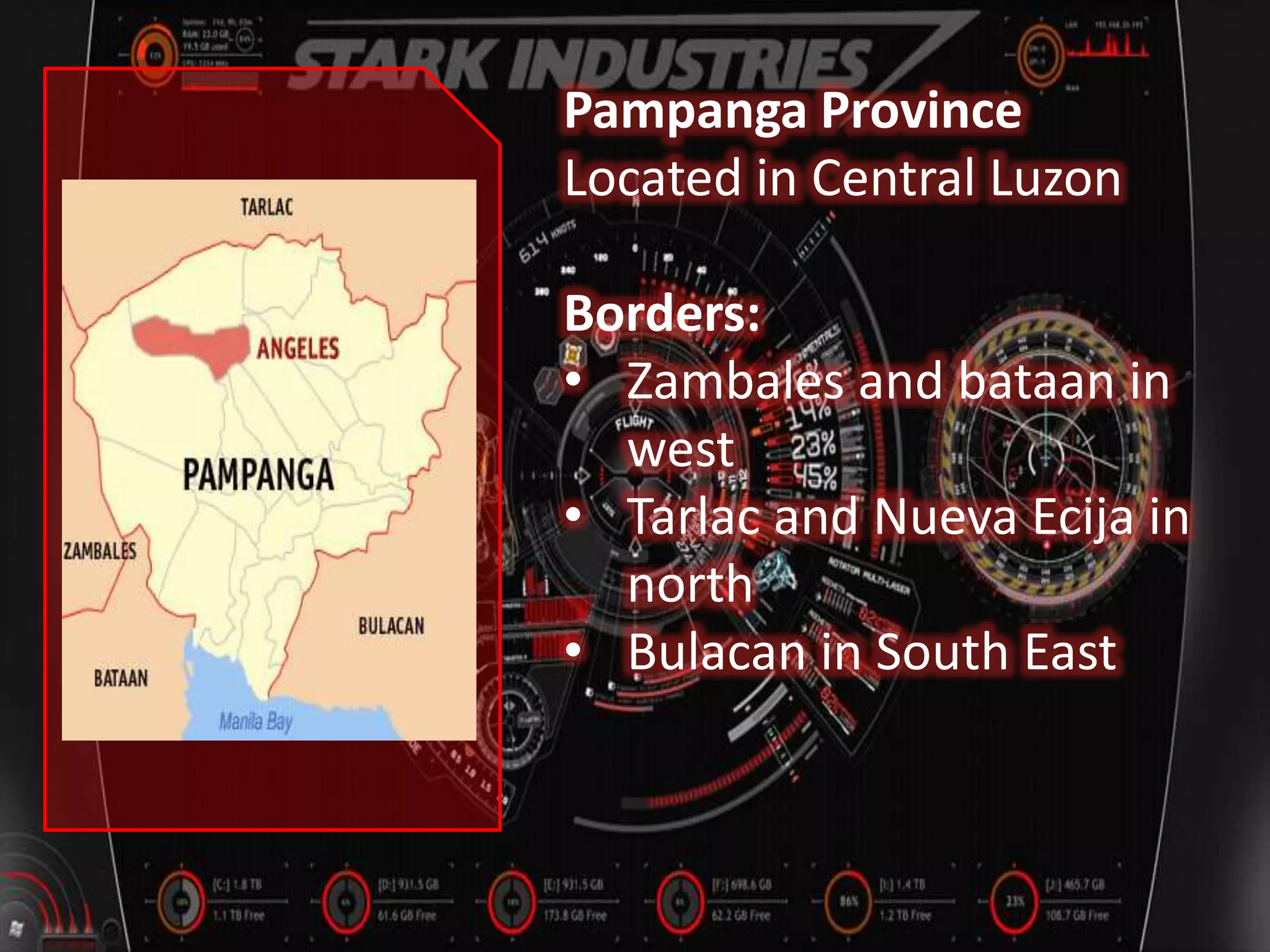 Pampanga Province
Located in Central Luzon
Borders:
• Zambales and bataan in
west
• Tarlac and Nueva Ecija in
north
• Bulacan in South East
 